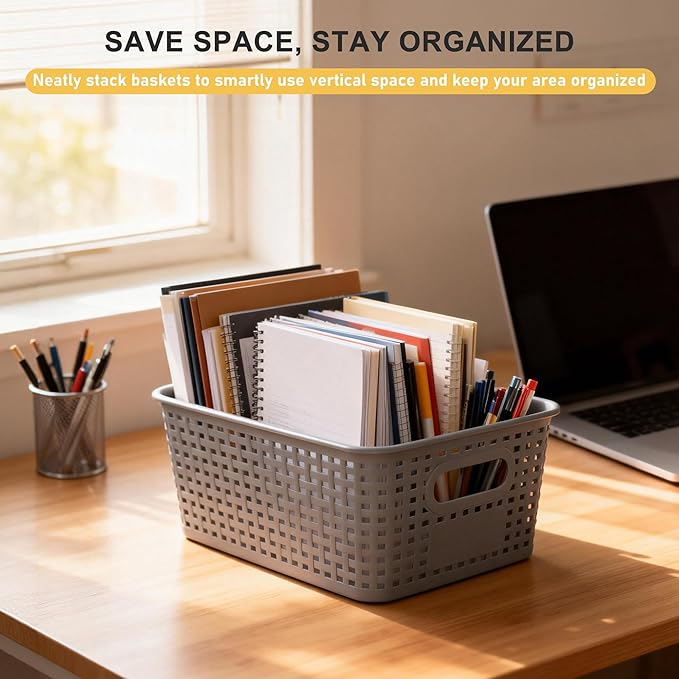 AREYZIN Plastic Storage Bins with Lids, 6-Pack Stackable Pantry Organizers and Storage Containers for Shelves, Closet Organization, Drawer Organizer Bins,Gray & yellow lids
