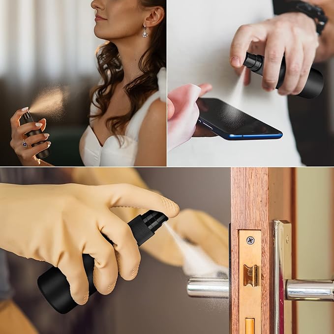 Nuogo 100 Pcs 2 Oz Glass Spray Bottles, Fine Mist Spray Bottle Refillable Cosmetic Bottles Empty Small Bottle with 10 Droppers, 5 Funnels, 2 Brushes for Essential Oil Cleaning Solutions(Black)