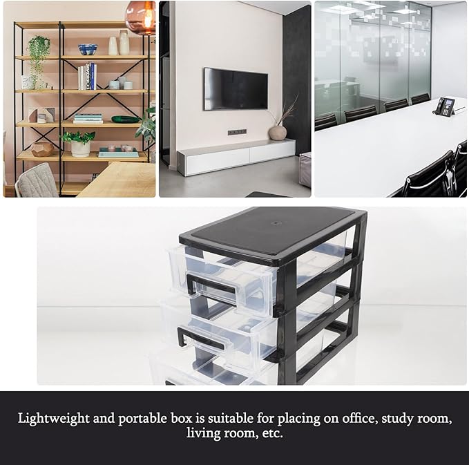 DOITOOL Three- Layer Storage Drawers - Portable Plastic Drawers Organizer - Transparent Kitchen Pantry Storage Cabinet Multifunction Plastic Drawers for Home Office Bedroom（Black