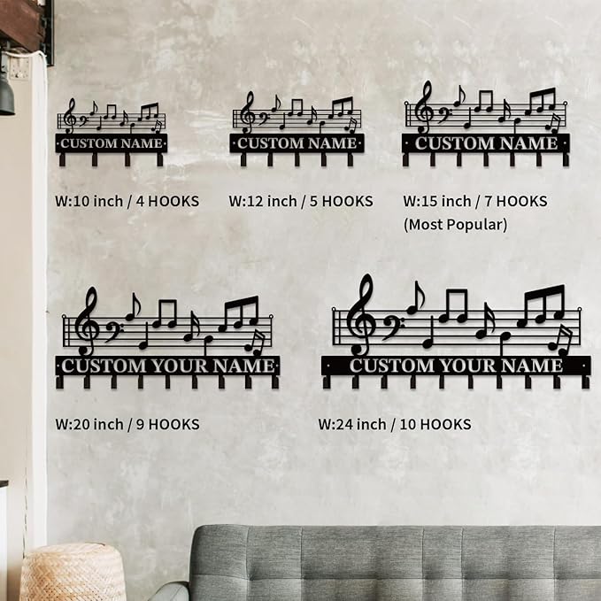 Personalized Custom Music Wall Hooks,Metal Music Room Art Clothes Hooks,Metal Music Wall Home Storage Decorative,For Front Door, Hallway, Kitchen, Bedroom,Keys,Hats (Style F)