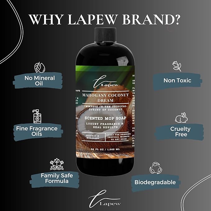 Lapew Mahogany Coconut Dream Scented Mop Soap Concentrate 36 oz | Premium Fragranced Floor Cleaner | Streak-Free | Hard Floor Cleaning Solution | Eco Friendly | Made in USA