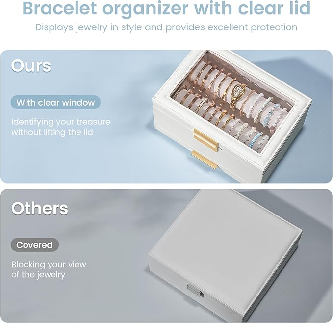 Lolalet Bracelet Holder Organizer with Clear Lid and Drawer, Bangle Storage Box Jewelry Display Holder for Watches, Jewellery Case for Women -White