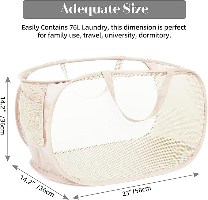 Durable Collapsible Laundry Baskets, Mesh Pop Up Laundry Hamper with Side Pocket, Foldable Clothes Hamper with Reinforced Carry Handles for Laundry, Bathroom, Kids Room, Dorm or Travel 2 Pack Beige
