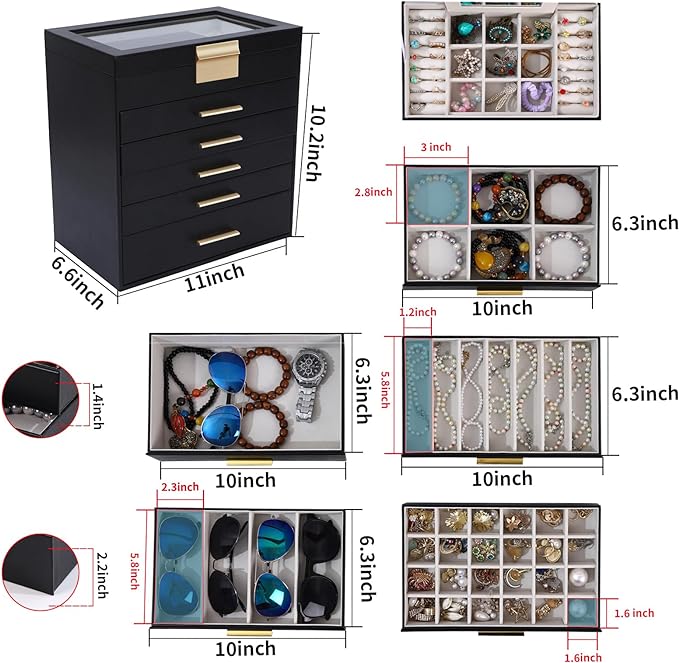 BOOVO Jewelry Box for Women, Black 6 Layer Large Jewelry Organizer with Glass Lid for Necklace, Bracelet, Earrings, Rings Storage, Jewelry Organizers and Storage for Girls Gift (Clear Black, 6 layer)