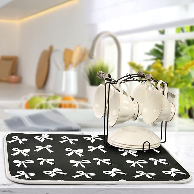 Black Bow Dish Drying Mat for Kitchen Countertop 18x24 Bowknot Coquette Rectangle Large Drying Mat Reusable Quick Dry Dish Sink Absorbent Mats Dishwasher Easy Clean Decorative Home Decor Essentials