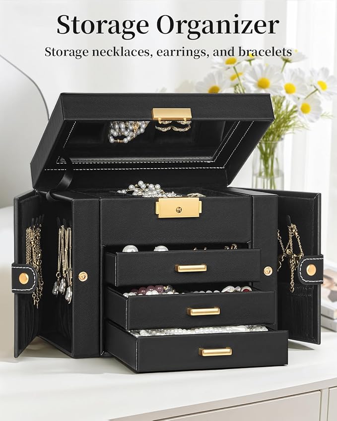 TORIBIO Jewelry Box for Women, Leather Jewelry Organizer with Mirror & Lock, 4-Tier Jewelry Storage Organizer with 3 Drawers for Girls/Women/Mothers, Necklace Earring Bracelets Holder Organizer