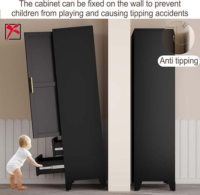 Metal Armoire Wardrobe Closet, 71 "Metal Clothing Storage Cabinet with Mirror and Adjustable Shelves, Household Steel Wardrobe Storage Cabinet with 2 Drawers and Hanging Rod(Armoire-Black)