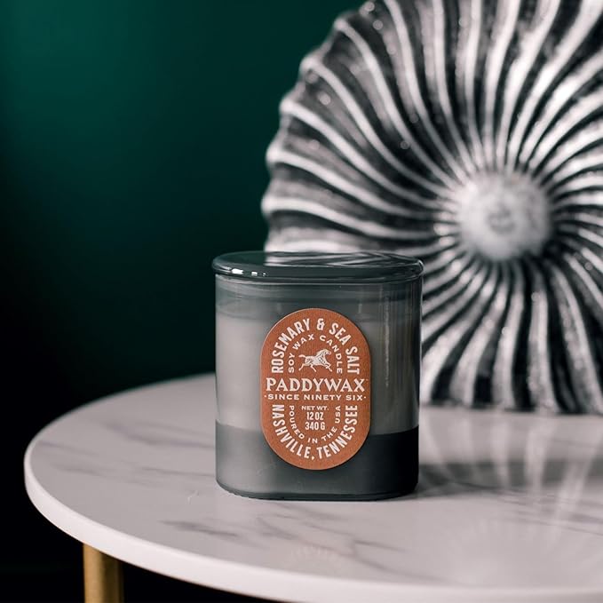 Paddywax Vista Scented Candle with Lid in Reusable Tonal Glass Jar, Clean-Burn 2-Wick Soy Candle with Approx. 84 Hour Burn Time, Decorative Gift Candles for Home, Rosemary & Sea Salt, 12 oz