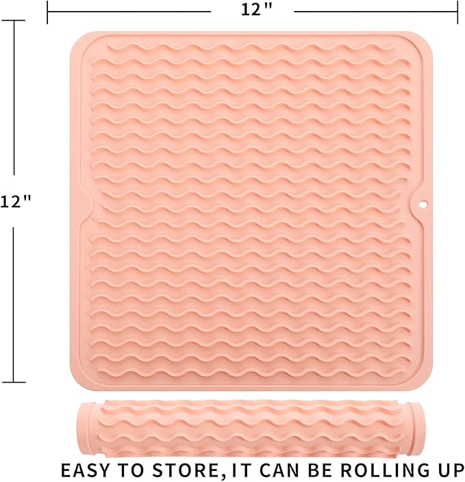 MicoYang Silicone Dish Drying Mat for Multiple Usage,Easy clean,Eco-friendly,Heat-resistant Silicone Mat for Kitchen Counter or Sink,Refrigerator or Drawer liner Pink M 12 inches x 12 inches