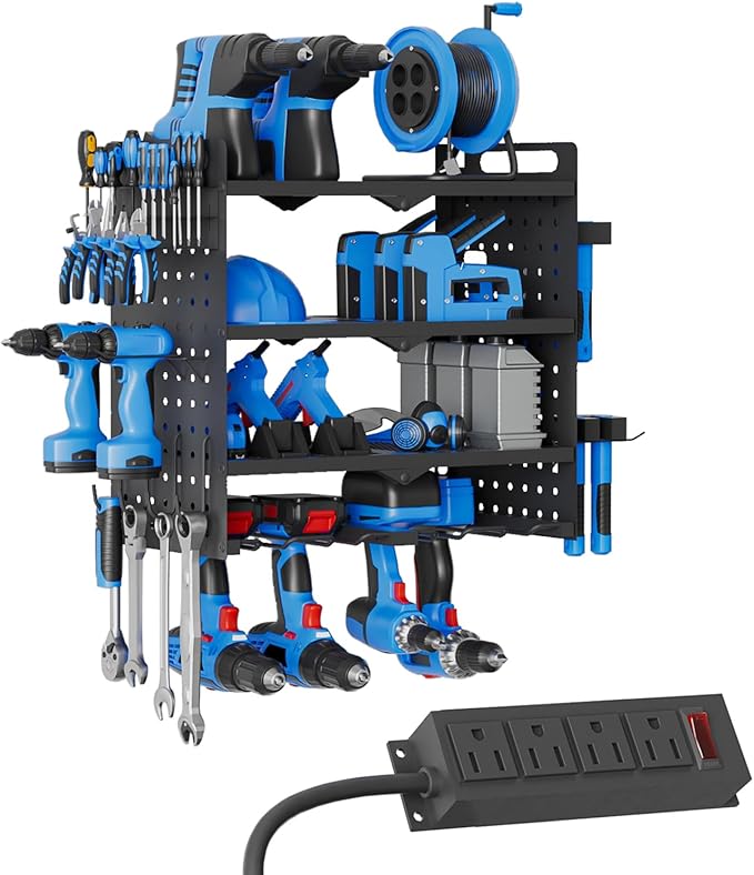 Power Tool Organizer Wall Mount with Charging Station, 4 Layers 4 Drill Holder, Heavy Duty Storage Utility Racks, Supports 600 lbs,Battery Shelf for Garage and Workbench (16 Inch 4 Drills Holder)