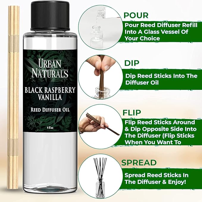 Urban Naturals Reed Diffuser Oil Refill, Black Raspberry Vanilla Oil for Diffuser with Orchid, Amber, Sandalwood, 4 oz + Free Reed Sticks, Made in The USA
