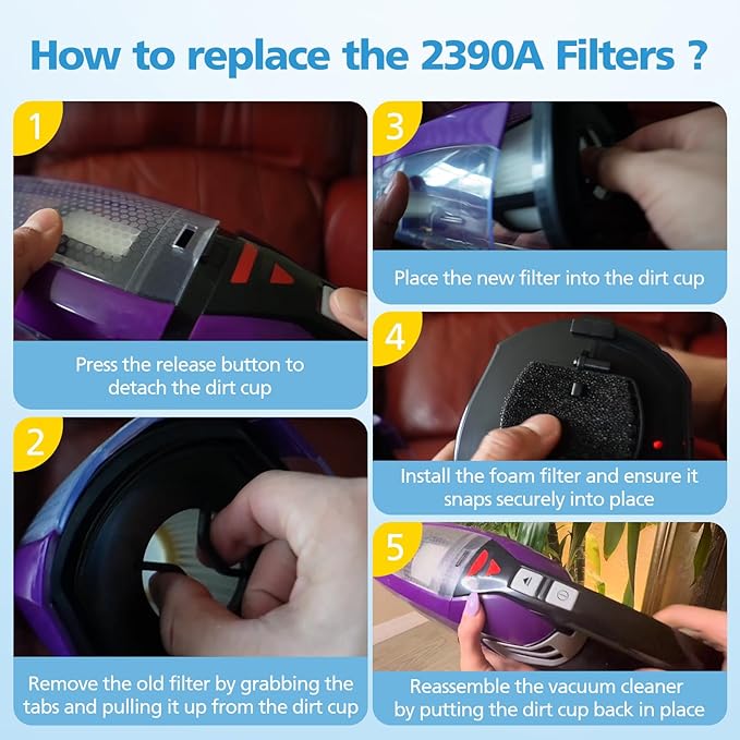 4 Pack 2284W 2390A Vacuum Replacement Filter Compatible with Bissell Pet Hair Eraser Hand Vacuum 2284W, 2390, 2390A, 2579, 2389, Part # 1614212 1614203 1614204, 4 Mesh Filters and 8 Foam Filters