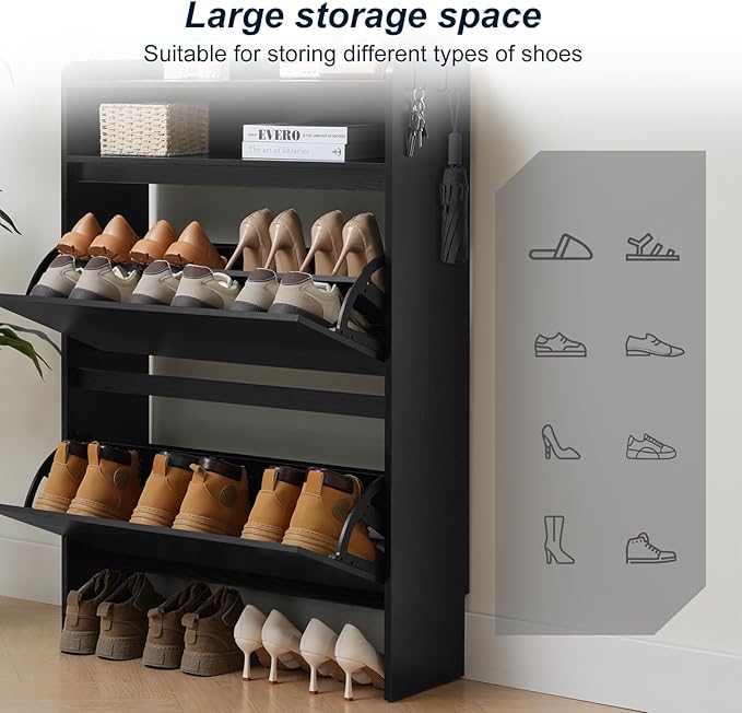 Shoe Cabinet Organizer with 2 Flip Drawers，Freestanding Shoe Rack Cabinet, Shoe Cabinet Storage for entryway, Foyer, Hallway, Black, 31.5" W
