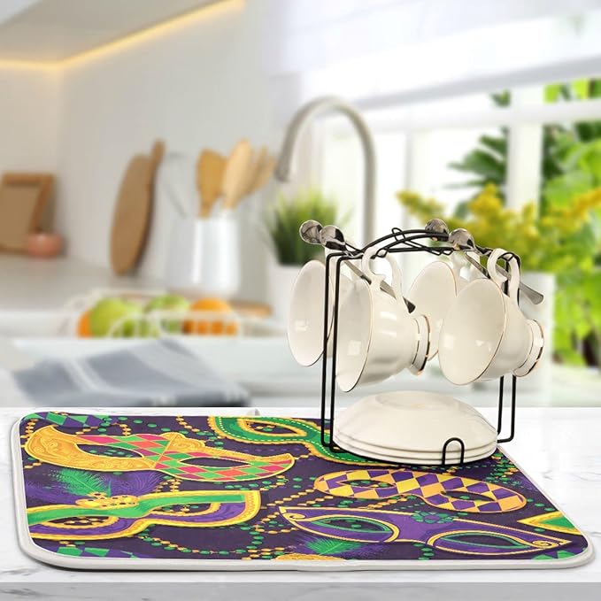 Mardi Gras Dish Drying Mat for Kitchen Mask Beads Confetti Masquerade Party Microfiber Drying Mats Absorbent Reversible Dish Pad Medium Dish Draining Mat 16x18 inch