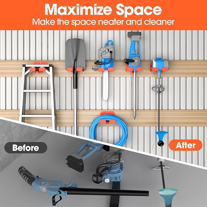 6-Pack Garage Tool Organizer Trimmer Rack, Weed Eater Hanger, Matel Wall Hooks Weed Wacker Holder, Heavy Duty Wall Hangers for Grass Trimmer, Hedge Trimmer, Garden Tools Storage, Orange