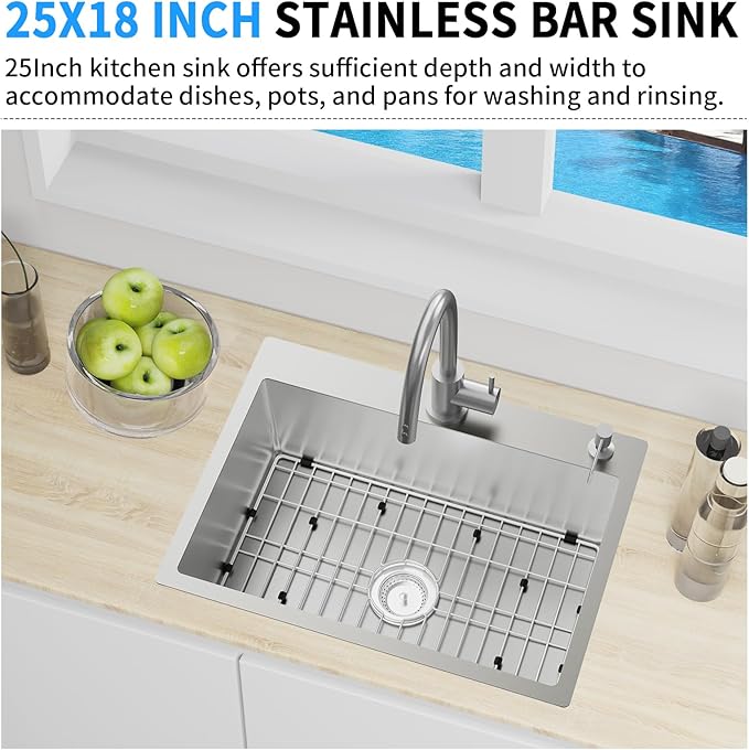 Kitchen Sink,25x18 Inch Stainless Steel Drop In Topmount Kitchen And Bar Sink Stylish and Modern Look Come With Bottom Grid,Drain Basket And Drain Assembly Add Elegance & Enhance Usability.