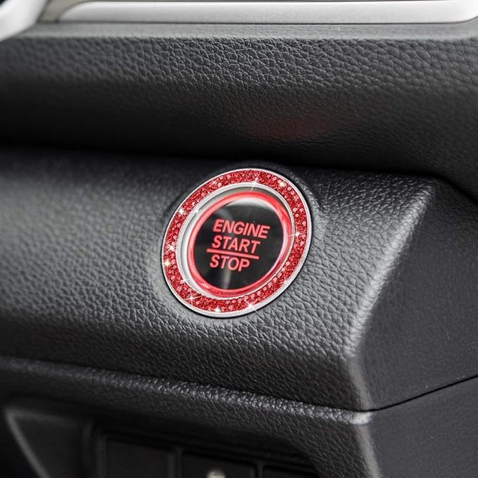 ToBeQueen Push Start Button Bling Rings Auto Car Engine Start Stop Button Sticker Emblem,Rhinestone Bling Red Car Accessories Decor for Women 2 Pcs,Red