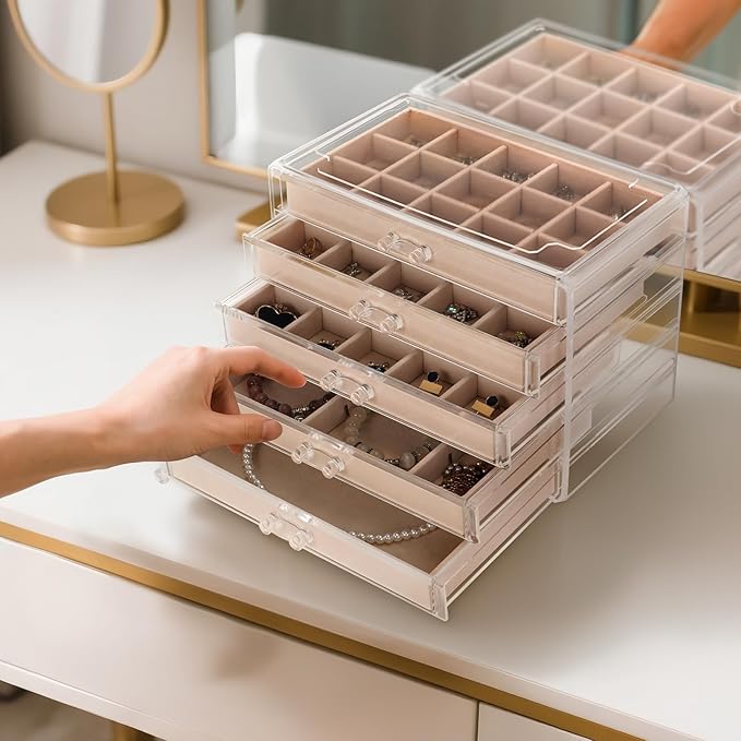 Jewelry Box Organizer，Acrylic Storage Organizer with 5 Drawers Adjustable Velvet Trays grid size Jewelry Storage Box Clear Jewelry Organizer Gift for Women Girls (5 layer)