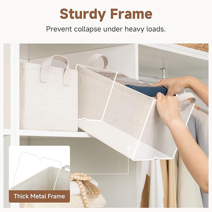 StorageWorks Storage Bins, Shelves Baskets for Organizing, Fabric Closet Organizers with Handles, Metal Frame, Beige?Cotton-linen?, 2-Pack
