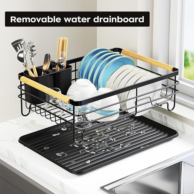 jouzevic Dish Racks for Kitchen Counter: Wooden Handles, Thickened Metal, No Assembly. Small Dish Drying Rack: Ideal for Small Households. Drying Rack Kitchen: Black