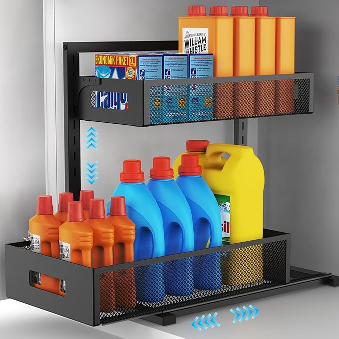 Petiza Under Sink Organizer Pull Out Cabinet Organizer Adjustable Height 2 Tier with Sliding Drawers Kitchen Bathroom Organizer and Storage(1pc)