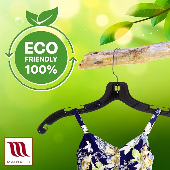Mainetti 5400 Black Plastic Hangers - 100 Pack with 360 Swivel Metal Hook and Notches for Straps, Great for Shirts/Tops/Dresses/Jackets, 17-Inch