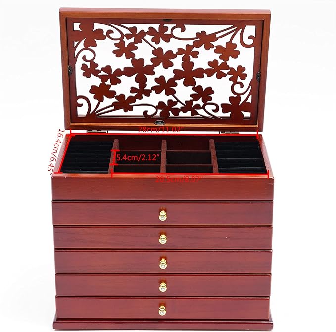 Eapmic Extra Large Four-Leaf Carved 6 Layers Wooden Jewelry Box Jewelry Case Cabinet Armoire Ring Necklacel Gift Storage Box Organizer (Brown)