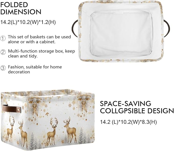 ALAZA Golden Reindeer Deer Merry Christmas Foldable Storage Box Storage Basket Organizer Bins with Handles for Shelf Closet Living Room Bedroom Home Office 2 Pack