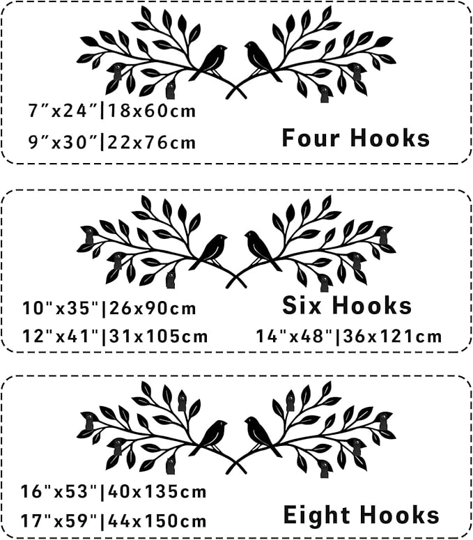 Bay Leaf Metal Coat Rack, Tree Branch and Birds Coat Rack, Bay Leaf Wall Hanging, Boho Wall Mount, Nature Room Decor, Home Storage Organization in Entryways (Silver, 14"x48"|36x121cm)