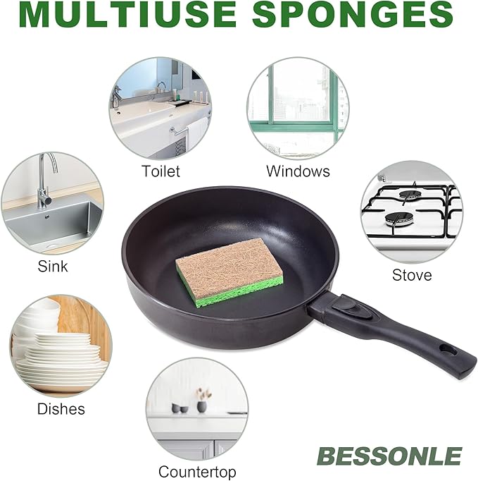BESSONLE 10 Pack Biodegradable Natural Sponges Kitchen - Compostable Cellulose and Coconut Walnut Scrubber Sponge - Eco Friendly Sponges for Dishes