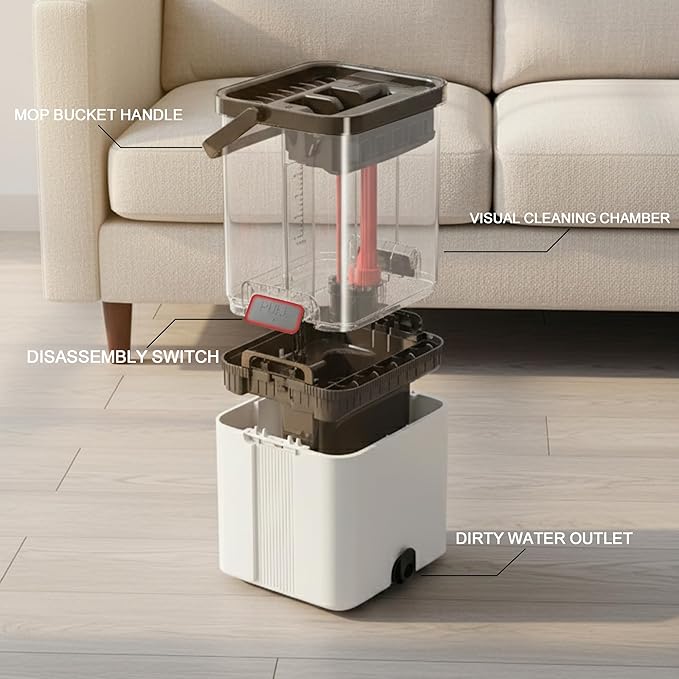 Mop and Bucket with Wringer Set, Flat Floor Mop and Bucket System with Separate Clean Dirty Water, Self Wringing Microfiber Dust Mop for Hardwood Floors, Kitchen, Wall Cleaner - Includes 4 Pads