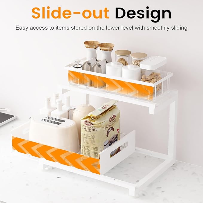 Toyear Under Sink Organizer, Heavy Duty Metal Pull Out Cabinet Organizer Slide Out Sink Shelf Organizer Height Adjustable, Multi-Purpose Storage Shelf for Kitchen Bathroom(White,1Pack)