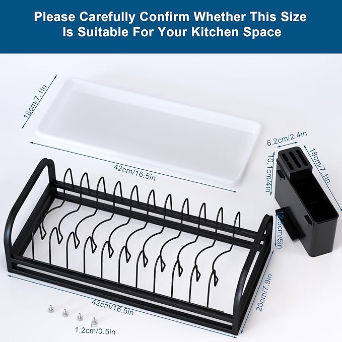 YEYPOP Black Dish Drying Rack Small for Kitchen Counter, 304 Stainless Steel Dish Rack w Tray & Cutlery Holder, Narrow Dish Drainer for Pots & Pans, Cutting Boards, Plates & Lids