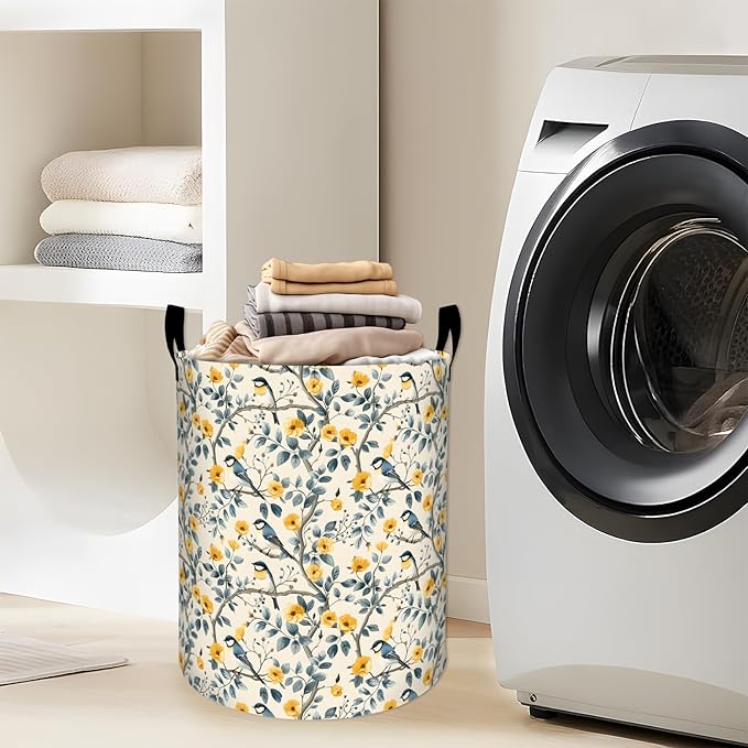 Elegant Bird with Yellow Floral Laundry Basket with Handles, 19.7"x15.7" Clothes Foldable Laundry Hamper Organizer for Dorm Nursery Bedroom Bathroom Decor, Toy Storage Bin for Kids