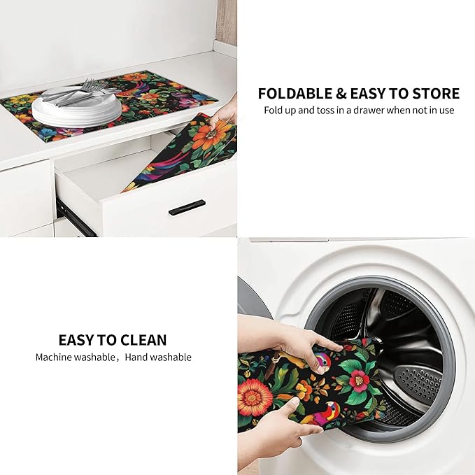 Mexican Flowers Dish Drying Mat for Kitchen Counter Microfiber Super Absorbent Non-Slip Dish Drying Pad for Countertops Dishes Utensils Stylish Quick-Dry Machine Washable 18x24 Inch