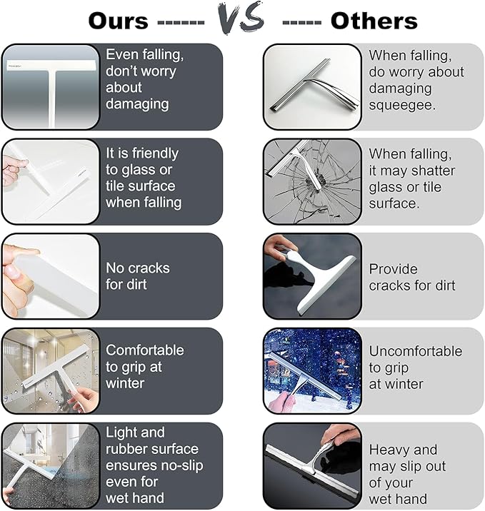 Shower Squeegee for Glass Doors 10 Inch, RICHMIRTH All Purpose Squeegee Cleaning Tool for Window Glass Mirror Bathroom Tile with Suction Cup Hooks - White