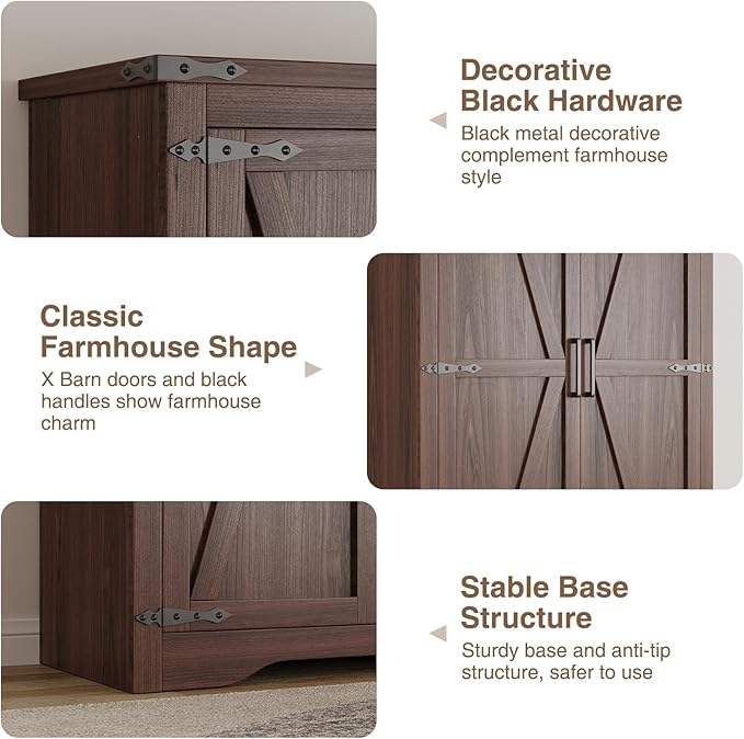 Farmhouse Storage Cabinet with Adjustable Shelves, Large Pantry Organize with 2 Barn Doors, Tall Freestanding Cabinet for Kitchen, Bathroom, Garage, Basement, Living, Utility Room, Brown | Adjustable Shelves, Large Pantry, 2 Barn Doors