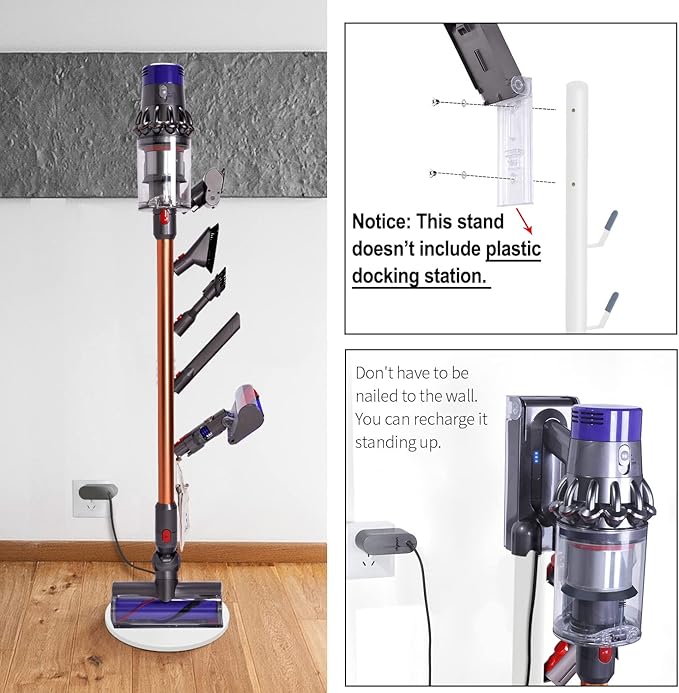Freestanding Vacuum Stand Holder Compatible with V15 Detect, V11 V10 V8 V7 V6 Cordless Vacuum Cleaners, Floor Docking Station Metal Organizer Bracket with 5 Hooks, White