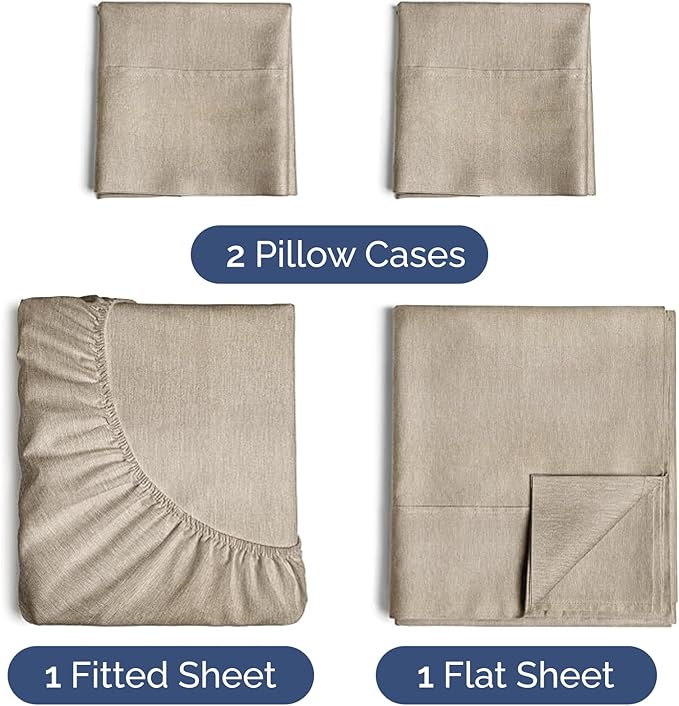 Twin XL 4 Piece Sheet Set - Comfy Breathable & Cooling - Soft Hotel Luxury Bedding Set w/ 8-16 Inch Deep Pockets - 1 Flat & 1 Fitted Sheet & 2 Pillowcases - Wrinkle Free & Easy Care - Heathered Beige