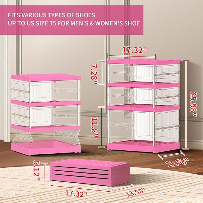 3-Tier Foldable Shoe Rack for Closet Entryway 3-6Pairs, Stackable Clear Shoe Storage Boxes Organizer with Door Plastic Small Shoe Cabinet Bins with Lids Shoes Shelf Easy Assembly（White-Pink）