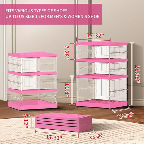 3-Tier Foldable Shoe Rack for Closet Entryway 3-6Pairs, Stackable Clear Shoe Storage Boxes Organizer with Door Plastic Small Shoe Cabinet Bins with Lids Shoes Shelf Easy Assembly（White-Pink）