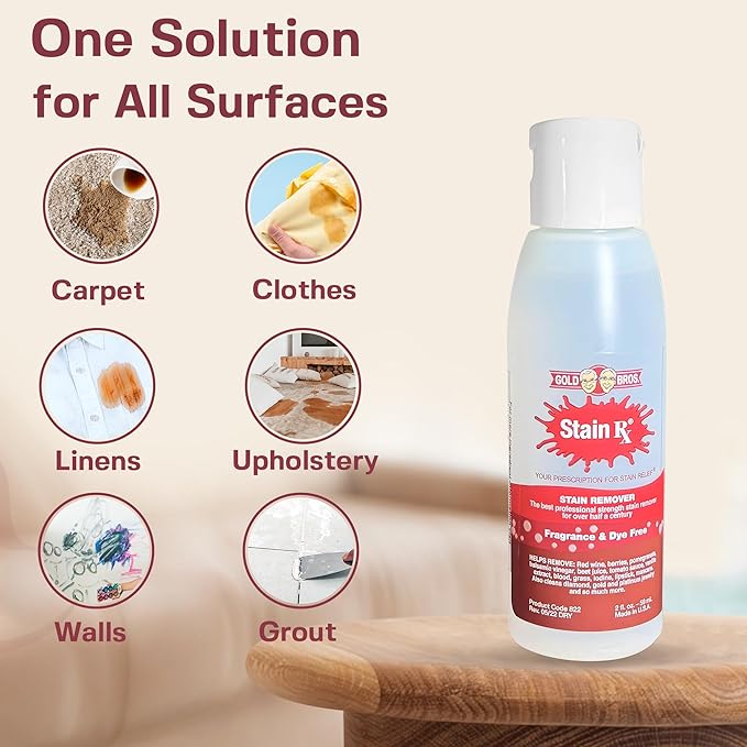 Stain Rx Stain Remover, Effectively Eliminates Stains from Wine, Berries & Blood on Fabrics, Carpets, Upholstery & Jewelry, Dye-Free, Bleach-Free, Made in USA, 2 fl. oz. (6 Pack) with a Flip-Top Cap