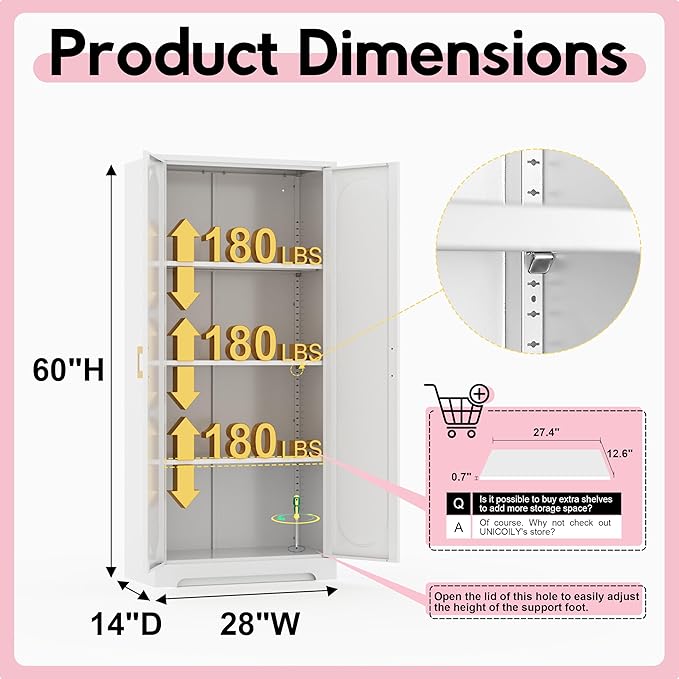 60" Kitchen Pantry Cabinet, Metal Storage Cabinet with Doors and Adjustable Shelves, Tall Steel Cabinets for Kitchen, Living Room, Dining Room, Assembly Required, White