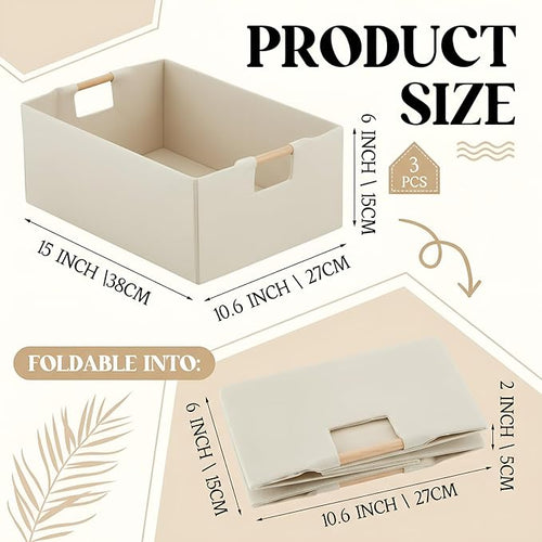 3 Pack Fabric Storage Bins for Closet Shelves, Rectangle Wardrobe Organizer with Handle, Collapsible Shelves Storage Basket for Sorting Clothes and Toy (Beige,15 x 10.6 x 6 Inch)