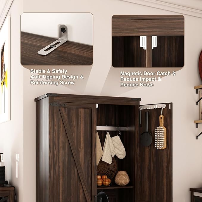 Farmhouse Storage Cabinet with Adjustable Shelves, Large Pantry Organize with 2 Barn Doors, Tall Freestanding Cabinet for Kitchen, Bathroom, Garage, Basement, Living, Utility Room, Rustic Brown