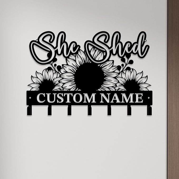 Personalized She Shed Metal Keys Hooks,Custom Name Metal She Shed Keys Hooks,Black Metal She Shed Wall Home Storage Decorative Keys Hooks,Key Holder Hooks for Wall (Style A)