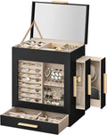 SONGMICS Jewelry Box with Glass Window, 5-Layer Jewelry Organizer with 3 Side Drawers, Jewelry Storage, with Big Mirror, Modern, 5.1 x 7.9 x 9.7 Inches, Ink Black and Metallic Gold UJBC172B01