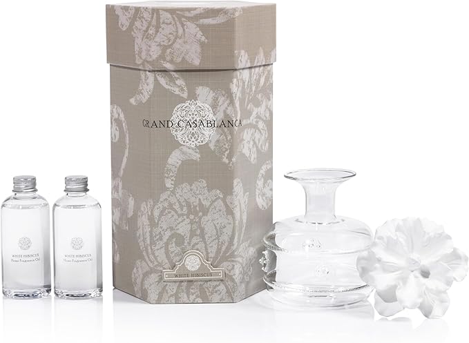 Zodax Grand Casablanca Porcelain Oil Diffuser - Home Fragrance Oil Diffuser Ideal for Living Room, Bathroom, Office - Flower Design - Gift Box Packaging Included - White Hibiscus - 6.76 Oz.