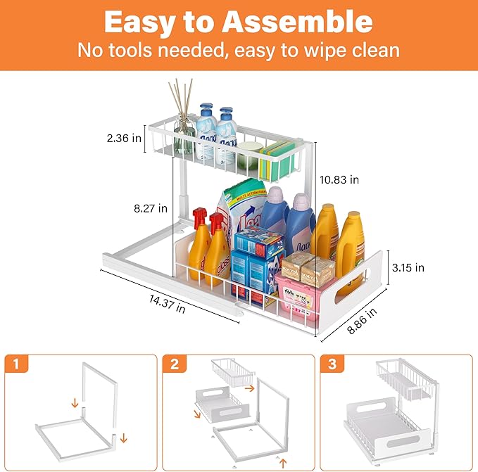MERATIA Under Sink Organizer, 2 Tier Pull Out Cabinet Organizer,Slide out Metal Cabinet Organizers Multi-Purpose Drawer Shelf for Kitchen Bathroom Pantry Cabinet Closet Organization Rack,White 1 Pack