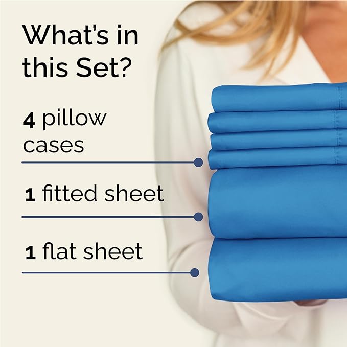 Full 6 Piece Sheet Set - Comfy Breathable & Cooling - Ultra-Soft Hotel Luxury Bedding Set with 8-16 Inch Deep Pockets - 1 Flat & 1 Fitted Sheet & 4 Pillowcases - Wrinkle Free & Easy Care - Denim Blue